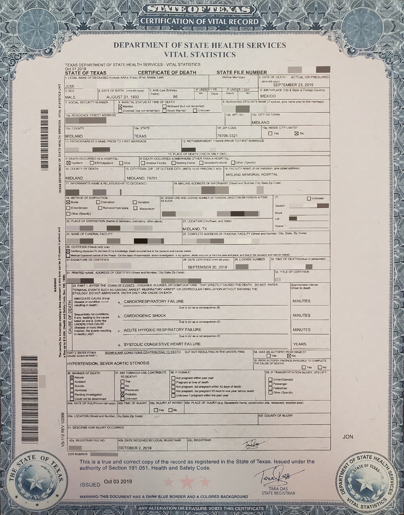 Texas Death Certificate Frontside