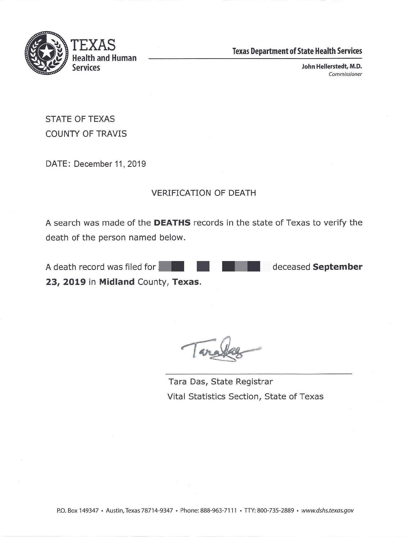 Texas Death Verification Letter Frontside