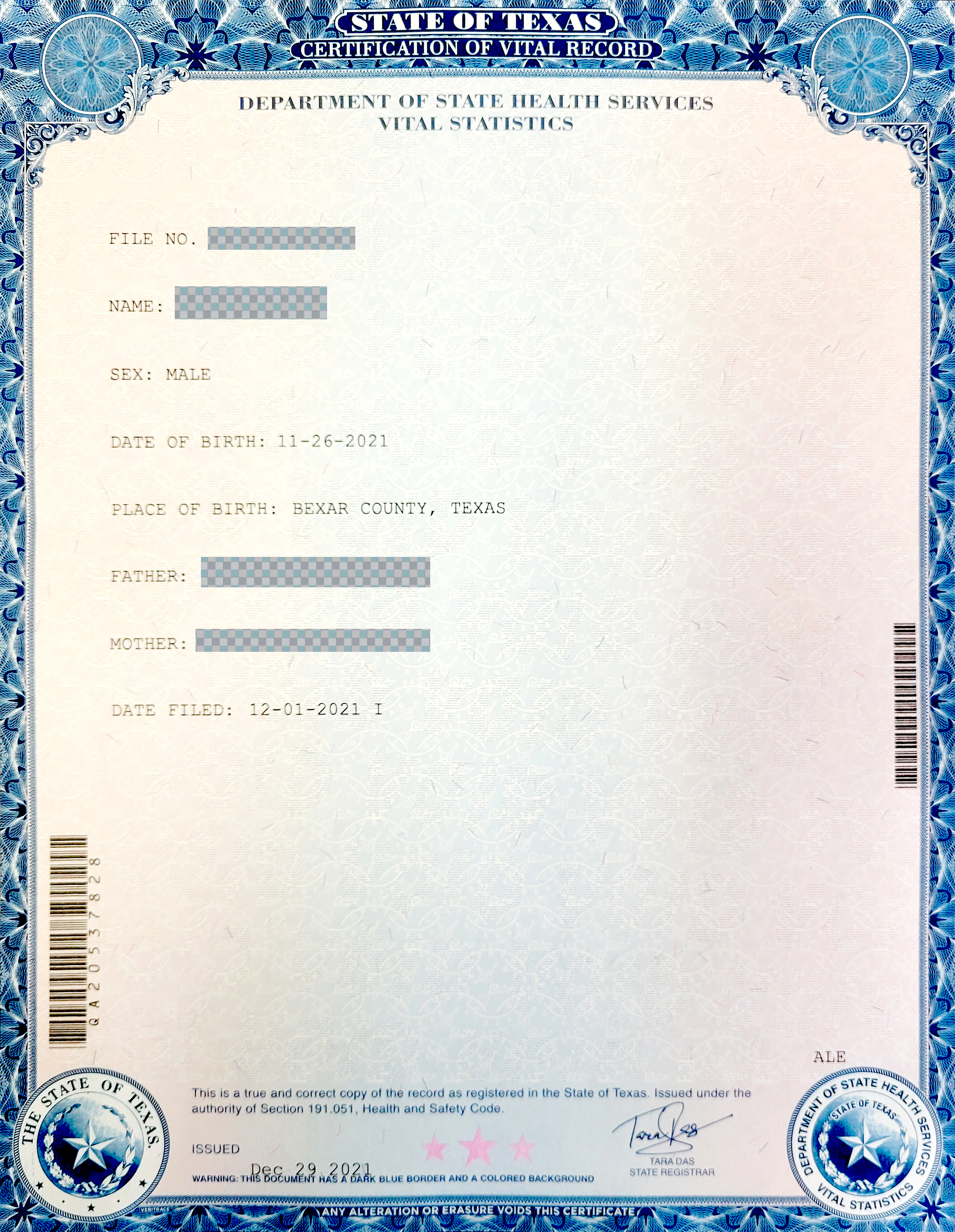 Texas Birth Certificate Short Form Photo