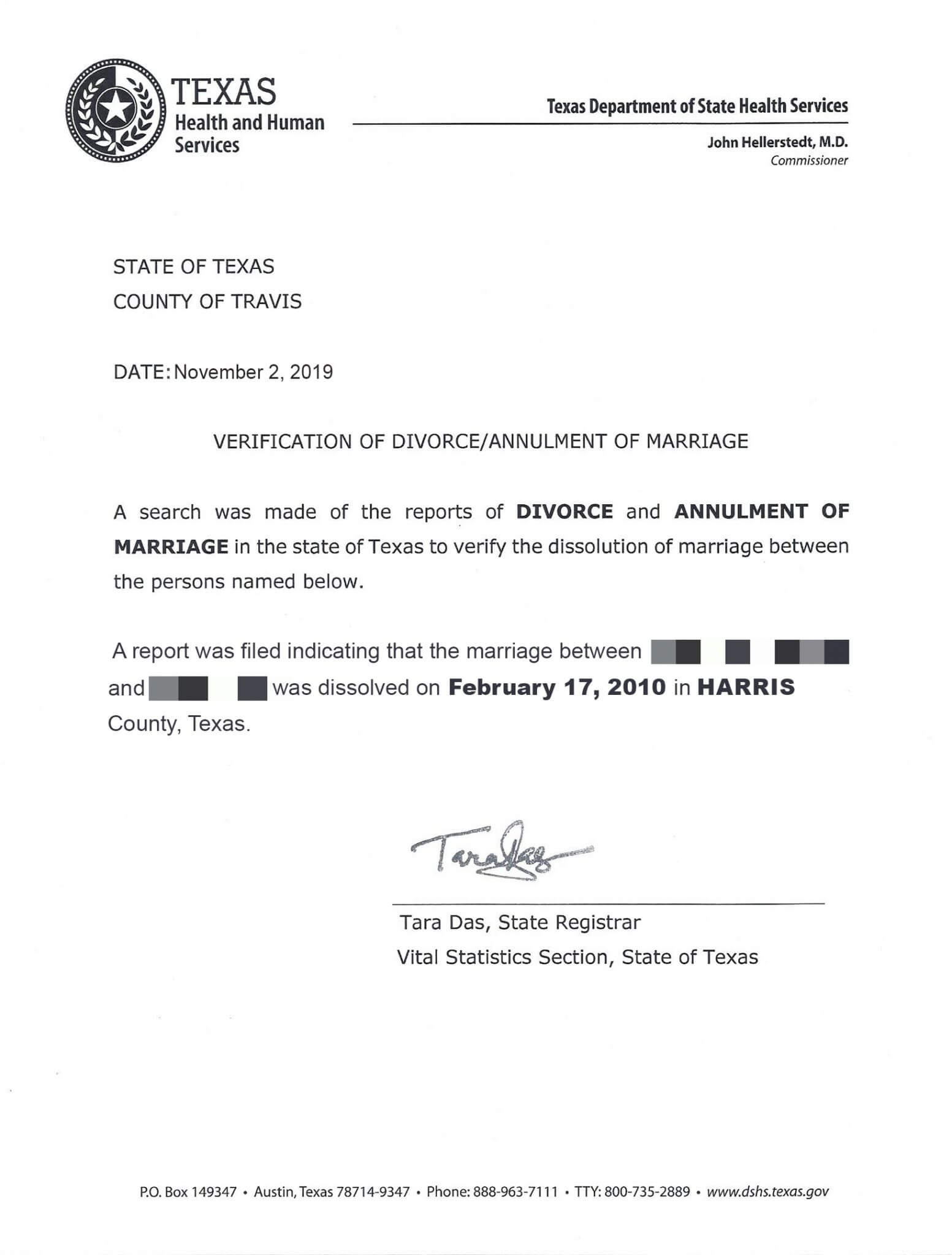 Texas divorce verification letter